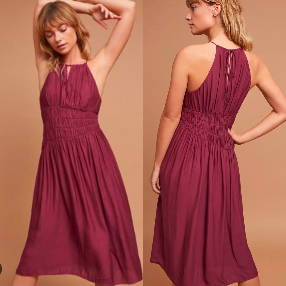 Anthropologie Moulinette Soeurs Smocked Halter Midi Dress Plum Size 14